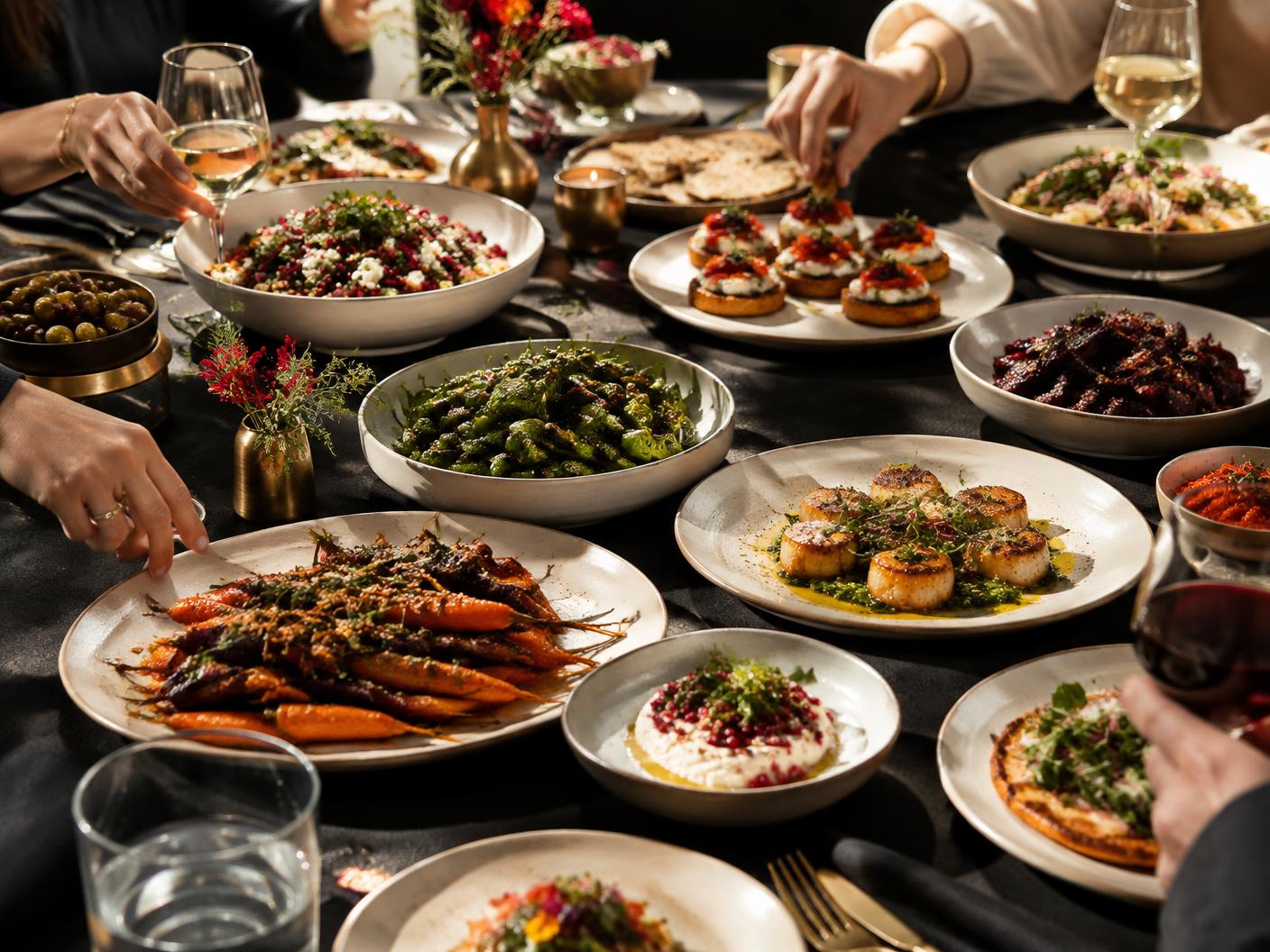 Concept imagery of a gathering around a catered table